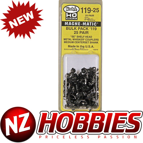 Kadee #119-25 HO Bulk Pack (25 Pr) 119 SE Shelf Whisker Metal Couplers Med 9/32"