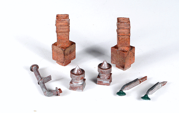 Mini-Tales™ Chimneys, Vents & Lights - Kit (Unpainted Metal Castings) -- Includes: 2 Each Chimneys, Roof Vents, Outdoor Overhead Lights & 1 Smoke Jac