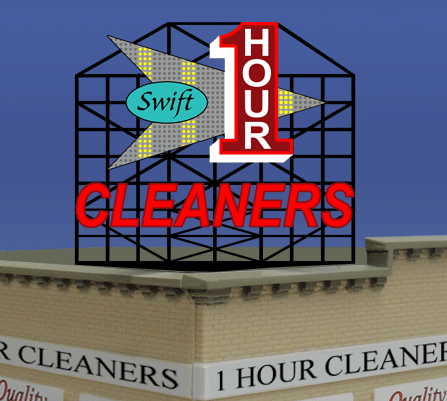 Swift One Hour Cleaners Animated Rooftop Billboard - Light Works USA -- Large for HO & O Scales 4-11/16 x 3-1/2"11.9 x 8.9cm