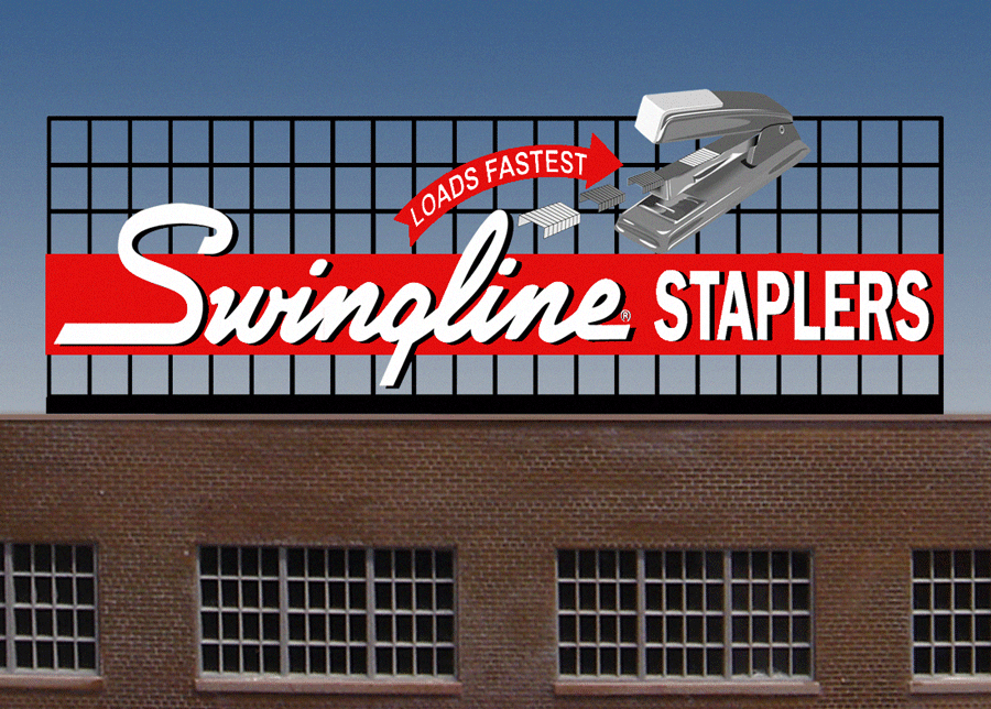 Swingline Staplers Animated Neon Billboard -- Large for HO & O Scales - 6-7/8 x 2-11/16"17.5 x 6.9cm