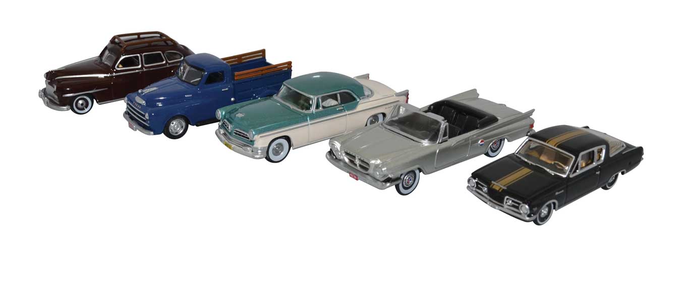 Chrysler Centenary 5-Vehicle Set - Assembled -- 1946 DeSoto, 1948 B-1B Pickup, 1955 New Yorker, 1961 300, 1965 Barracuda