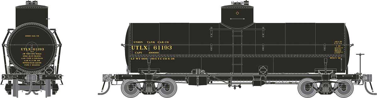 Union Tank Line X-3 10,000-Gallon Tank Car 6-Pack - Ready to Run -- Union Tank Line UTLX Set #1 (Late 1930s Scheme, black, yellow)