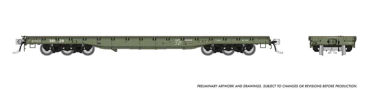 Magor 54' Department of Defense (DODX) Flatcar - Ready to Run -- United States Army DODX (Early Patched Reporting Marks, olive, white)