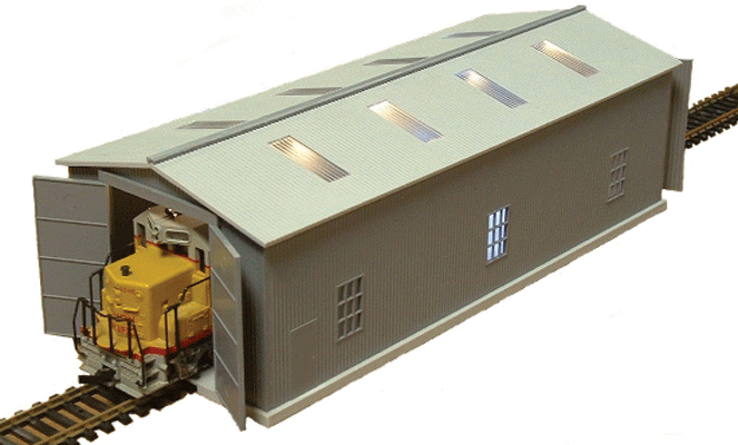 Run-Through Locomotive Maintenance Shed w/Lights & Welding Effects -- Kit - 9-1/4 x 3-3/4 x 3"23.5 x 9.5 x 7.6cm, 12V AC or DC