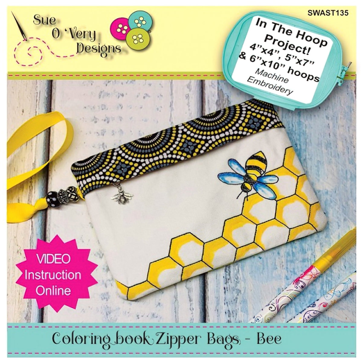 Bee Coloring Book Zipper Bag In the Hoop by Sue O'Very