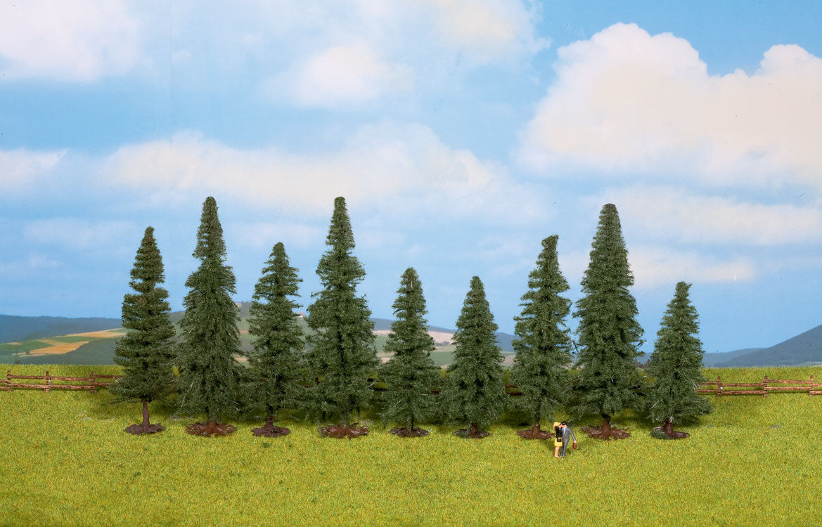 Fir Trees pkg(9) -- 3-1/8 to 4-3/4"8 to 12cm Tall w/Flat Base