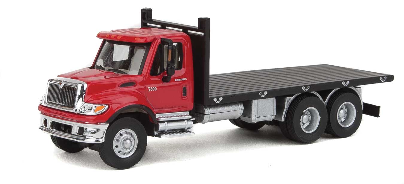 International 7600 3-Axle Flatbed Truck - Assembled -- Red Cab, Black Flatbed
