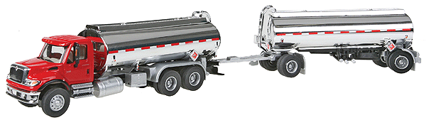 International 7600 Tank Truck with Trailer- Assembled -- Red Cab, Chrome Tanks