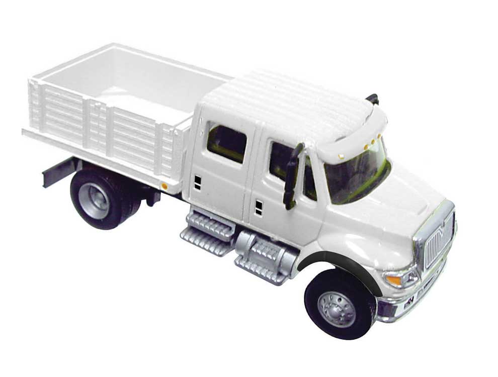 International 7600 2-Axle Crew Cab Truck with Solid Stake Bed - Assembled -- White with Railroad Maintenance-of-Way logo decals