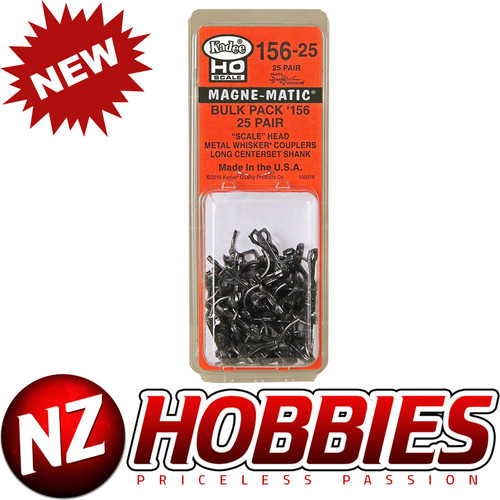 Kadee #156-25 HO Scale Bulk Pack - 25 pair Whisker Metal Couplers - Long (25/64") Centerset Shank