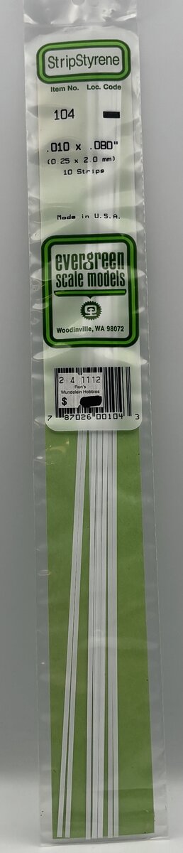 Evergreen Scale Models 104 .010" x .080" x 14" Polystyrene Strips (Pack of 10)