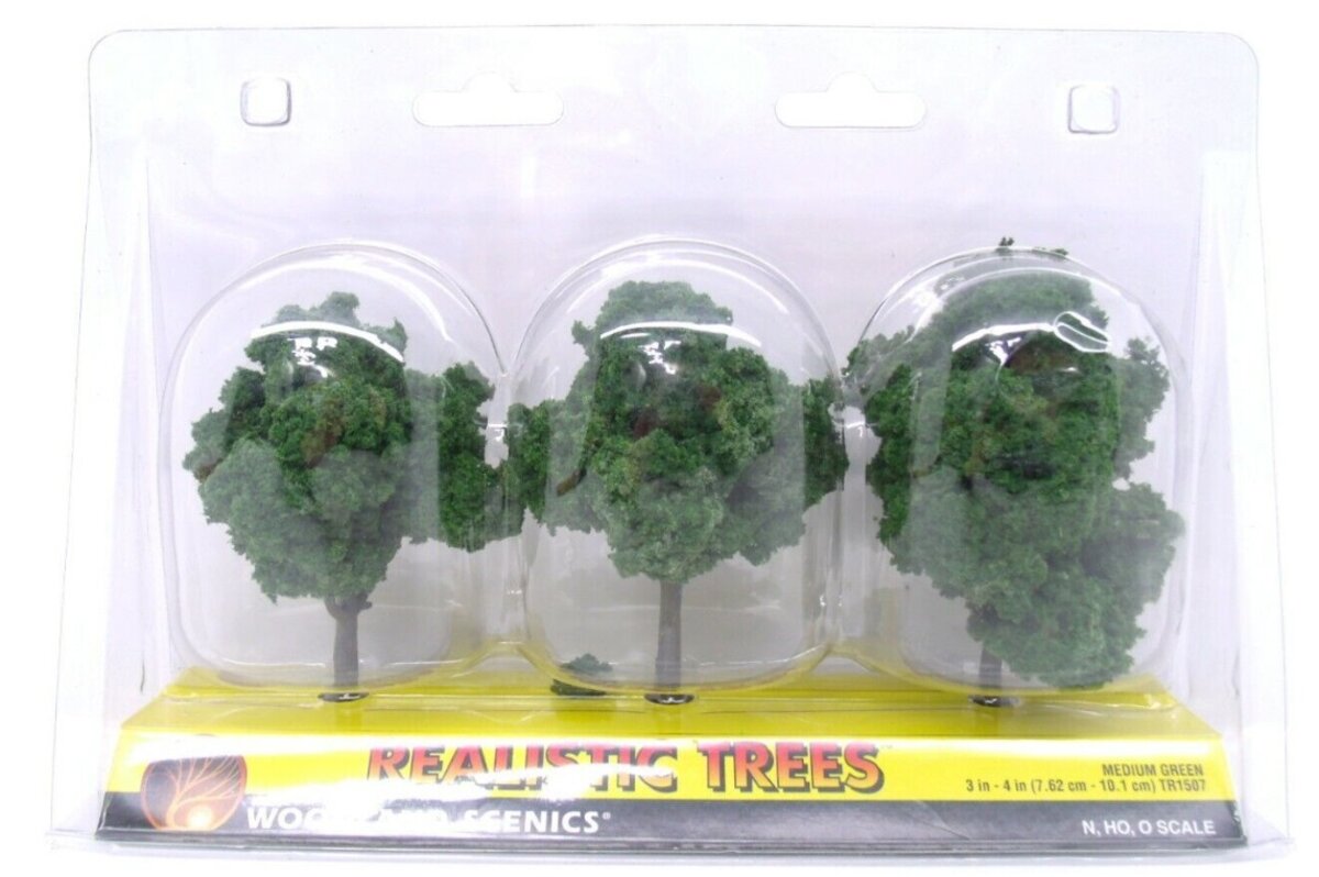 Woodland Scenics TR1507 N/HO/O 3" - 4" Medium Green Realistic Trees (Pack of 3)
